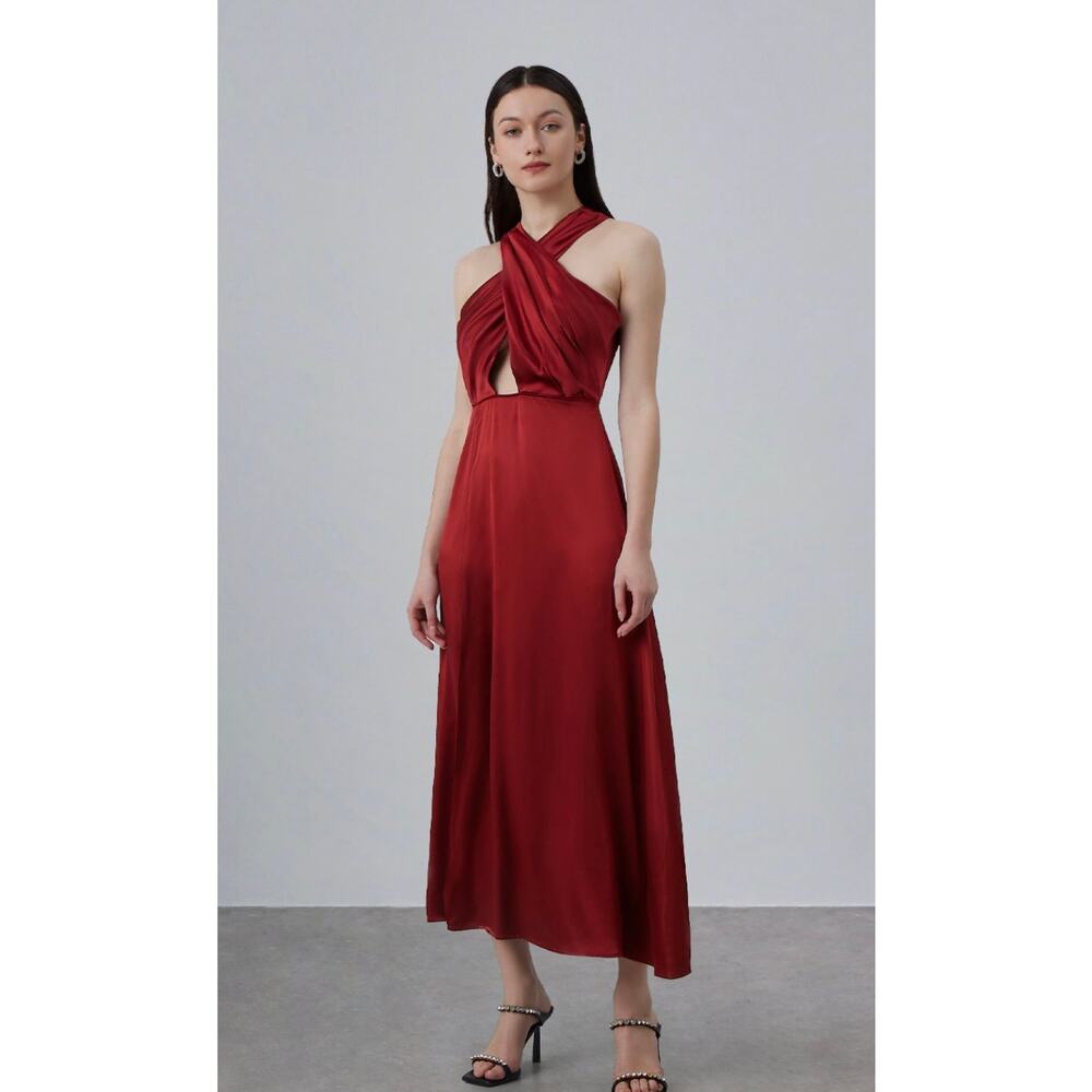 Silk Maison Cleopatra Bridal Silk Maxi Dress Front Slit In Burgundy Size Small